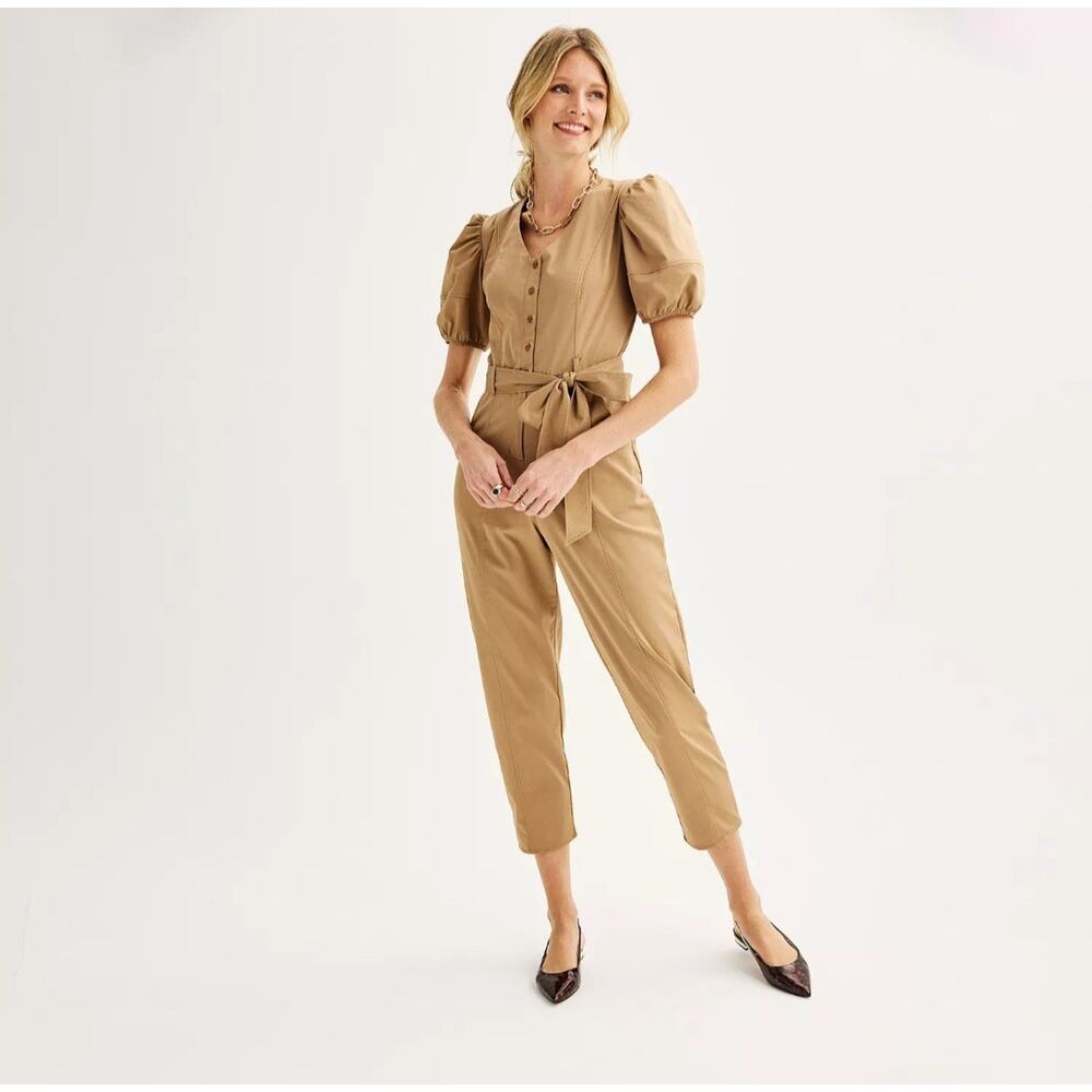 Nine West Jumpsuit NWT Belted Balloon Sleeve Camel Size L Elastic Waist Cotton